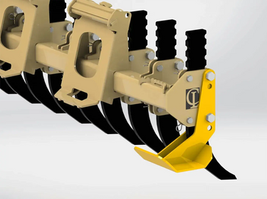 It has six curved, sharp teeth and is attached to a yellow tracked skid steer loader. The background is white.